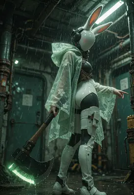 Cybernetic Bunny Warrior in the Rain