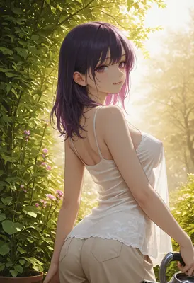 Serene Garden Stroll with Purple Hair