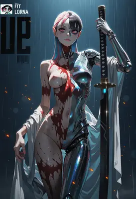 Cyborg Warrior Standing in the Rain