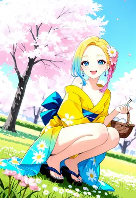 Cheerful Girl in Springtime Cherry Blossoms