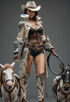 Steampunk Cowgirl with Two Horses