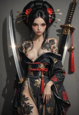 Tattooed Geisha with Dual Katana Blades