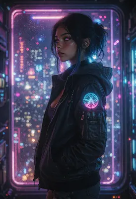 Neon Cyberpunk Girl in City Lights