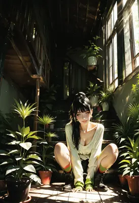 Serene Girl Sitting Among Houseplants