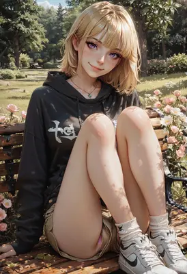 Blonde Girl Relaxing on Park Bench