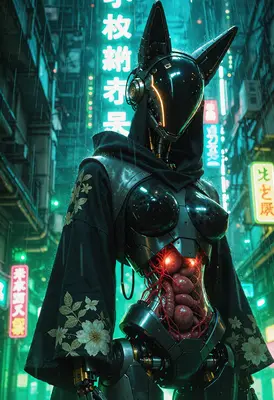 Cybernetic Kitsune in a Rain-Slicked Alley