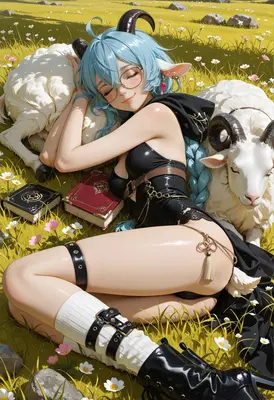 Resting Goat Girl in Meadow