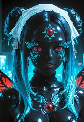 Cybernetic Butterfly Maiden with Radiant Eyes