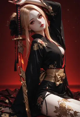 Blonde Warrior in Elegant Black Kimono