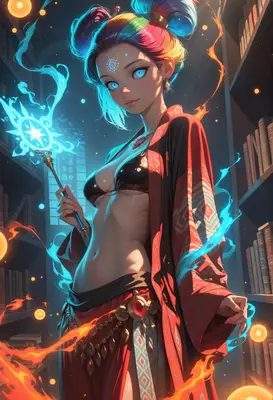 Rainbow Haired Sorceress in Ancient Library