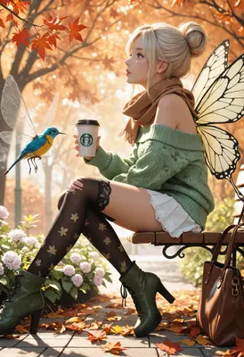 Autumn Fairy Enjoying Morning Coffee