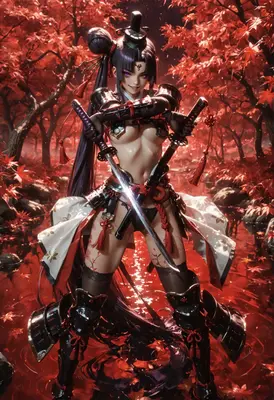 Crimson Samurai Warrior in Autumn Forest