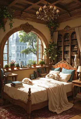 Cozy Cats in a Vintage Library Bedroom
