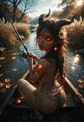 Demon Maiden Fishing in Autumn Sunlight