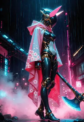 Cybernetic Ronin in Neon Rain
