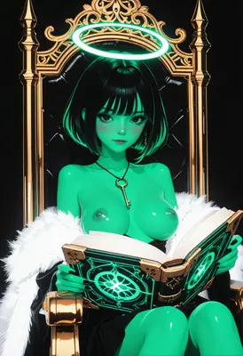 Neon Green Angelic Scholar on Throne
