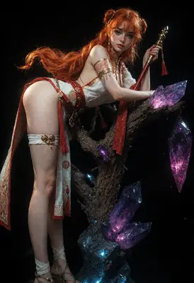 Redheaded Sorceress with Glowing Crystal Staff