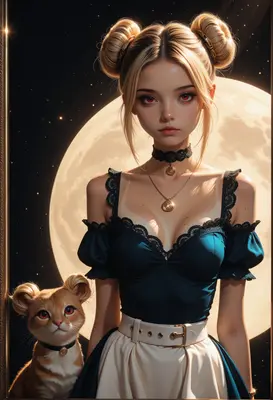 Moonlit Girl and Her Feline Companion