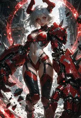 Crimson Cybernetic Warrior in Ruins