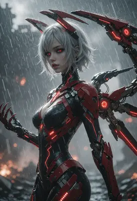 Cybernetic Warrior in the Rain