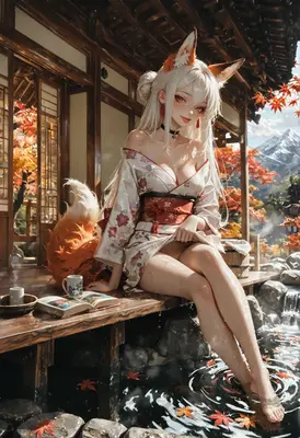 Fox Girl Relaxing in Autumn Hot Springs