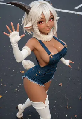 Playful Goat Girl in Denim Overalls