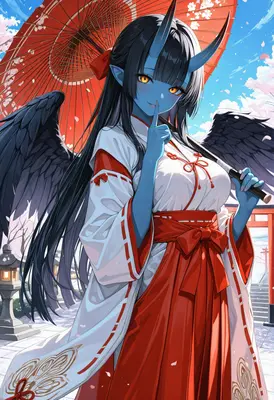 Blue Oni Maiden with Black Wings