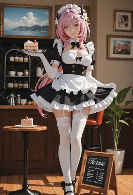 Pink Haired Maid Serving Strawberry Cake