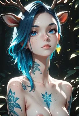 Enchanted Deer Spirit with Blue Hair