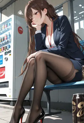 Pouting Office Lady Resting By Vending Machine