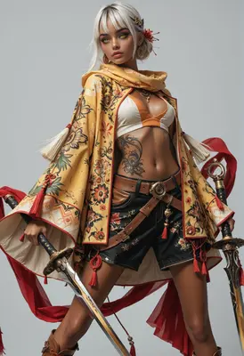 Warrior with Floral Cloak and Blades