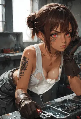 Wet Mechanic with Glowing Red Eyes