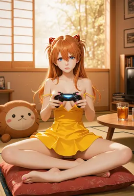 Focused Gamer Girl in Yellow Dress