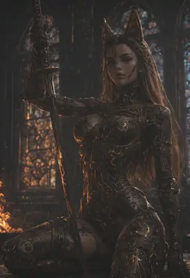 Cat-Eared Warrior in Ornate Dark Armor