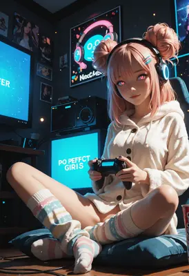 Cozy Gamer Girl in Neon Room
