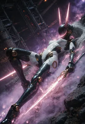 Cybernetic Warrior Resting in Neon Ruins