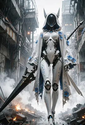 Floral Android Warrior in Ruined City