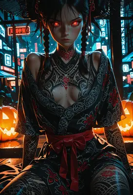 Neon Halloween Cyberpunk Demon Girl