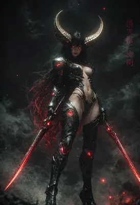 Dark Demon Warrior with Glowing Blades