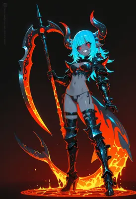 Fiery Demon Huntress with Glowing Scythe