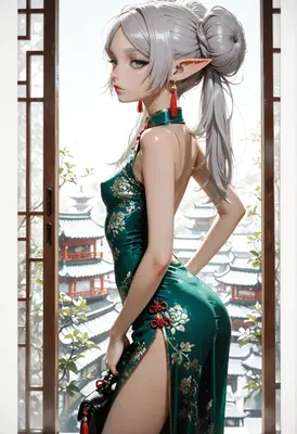 Elegant Elf in Traditional Green Qipao