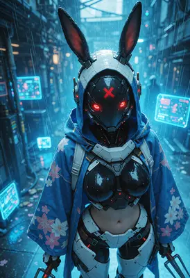 Cybernetic Bunny Assassin in Rainy Alley