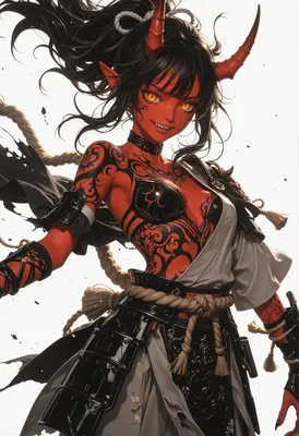 Fiery Oni Warrior with Intricate Tattoos