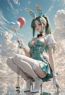 Metallic Bunny Girl Holding Heart Balloons