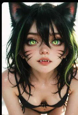 Feral Cat Girl with Green Eyes