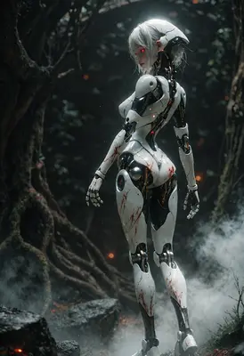 Battle Damaged Android in Dark Forest