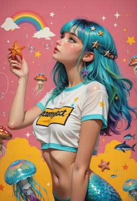 Dreamy Mermaid With Starry Blue Hair