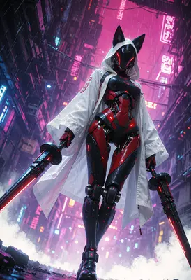 Cybernetic Fox Warrior in Neon Rain