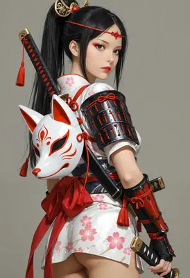 Kitsune Mask Samurai Warrior Girl
