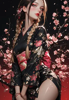 Elegant Maiden in Floral Black Kimono